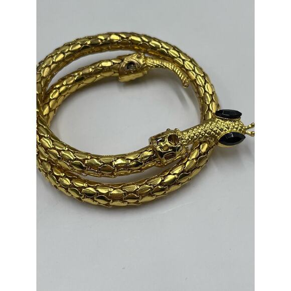 Vintage Golden Mesh Stretch Black Eye Rhinestone Egyptian Snake Coil Bracelet - Picture 4 of 14
